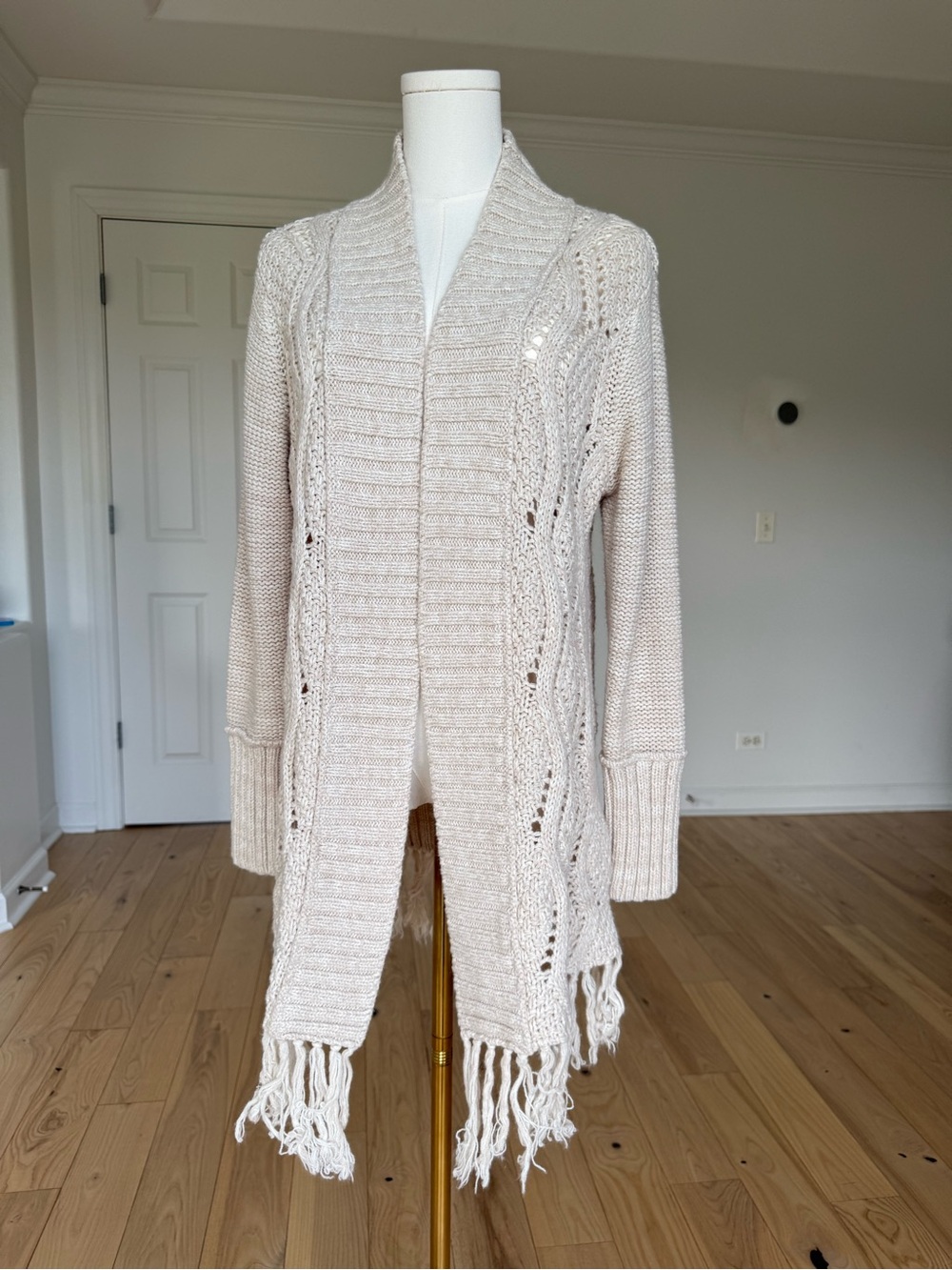 Black Tape_ Cream Fringe Open-Front Knit Cardigan